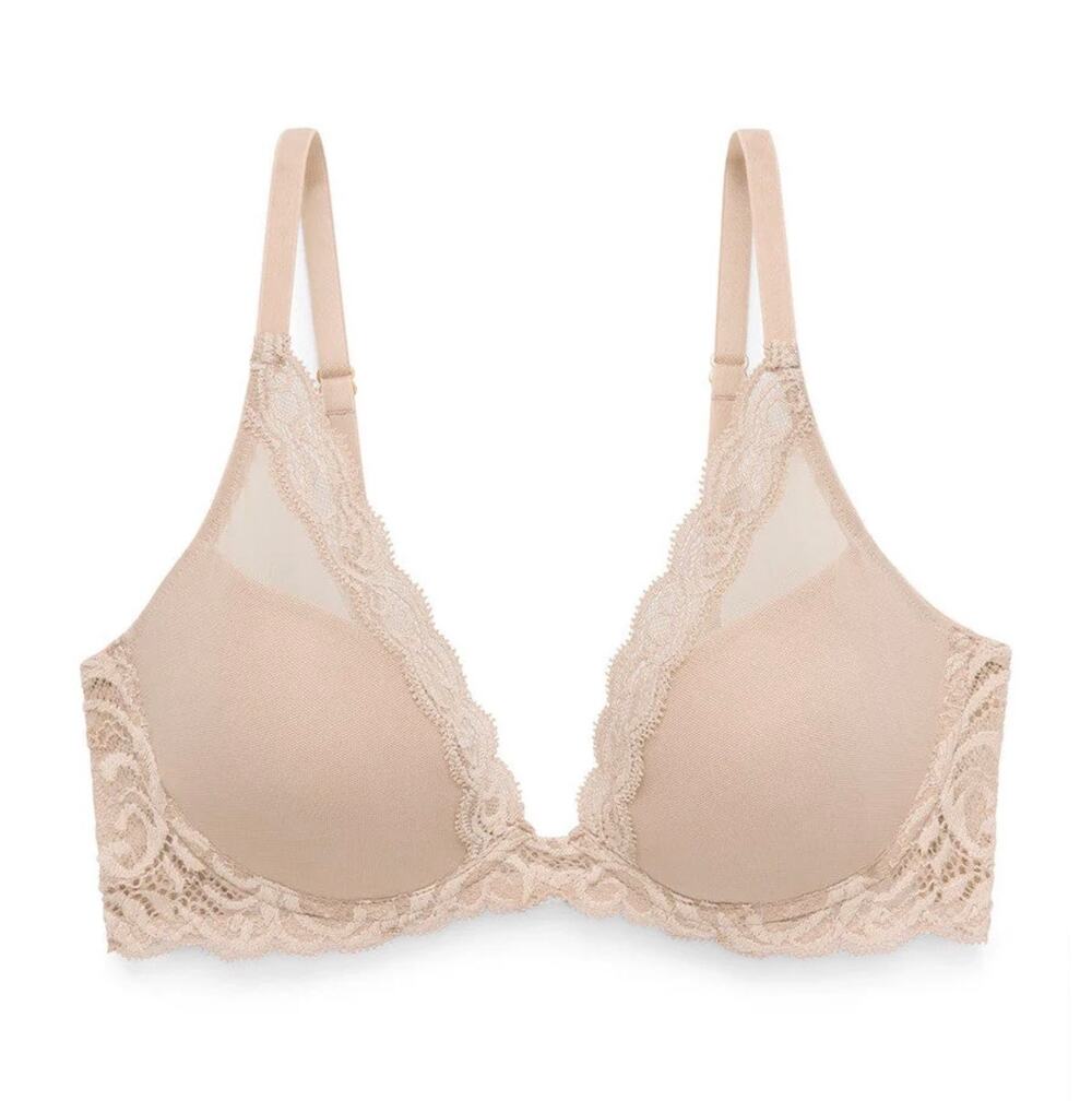 Natori Feathers Plunge Bra | Nude Beige Lace Underwire Contour Bra, SZ 32B